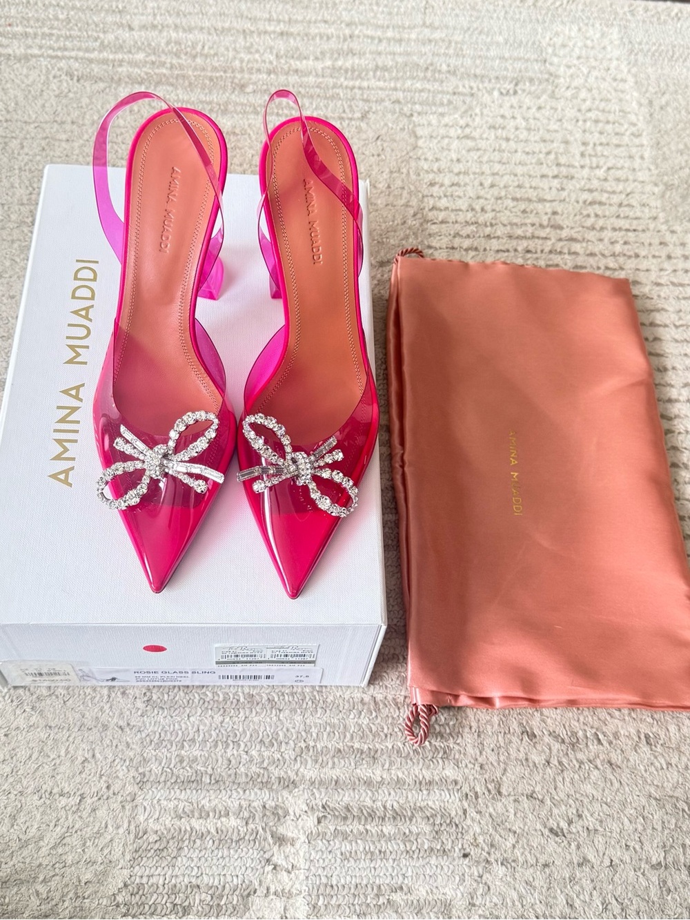 Amina Muaddi Rosie Glass Sling Pink Plexi Heels Crystal Bow size 7 women’s